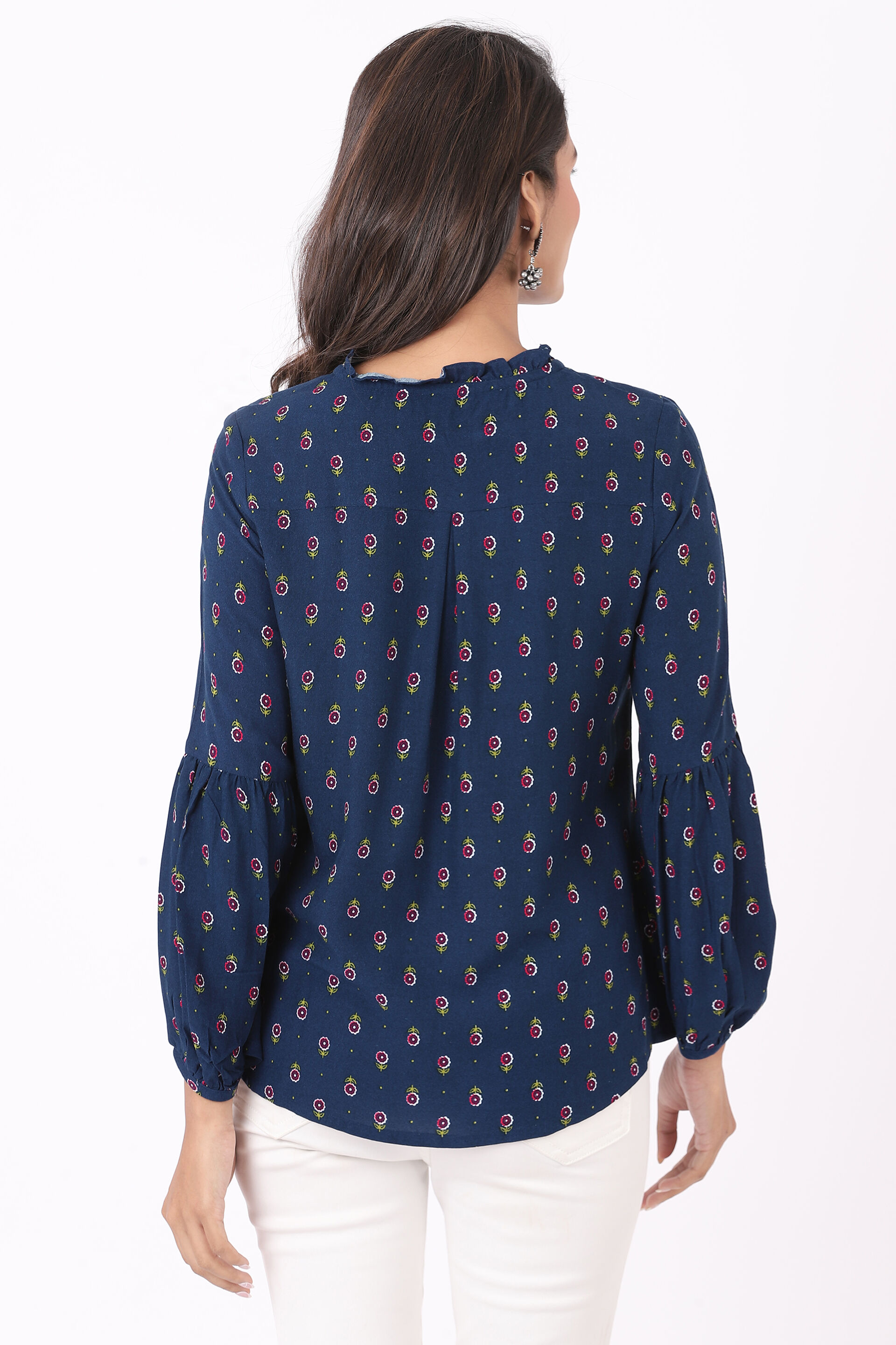 Blue Ethnic Motifs Curved Slip-On Top, Blue, image 5